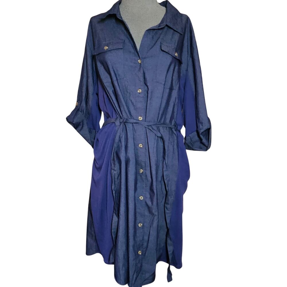 Button Down Belted Roll Tab Sleeve Dress Size 2XL
